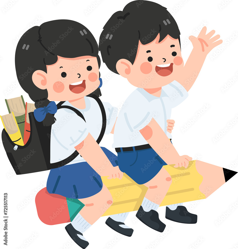 Happy Kids students Flying With Pencil Happy Kids students Flying With Pencil