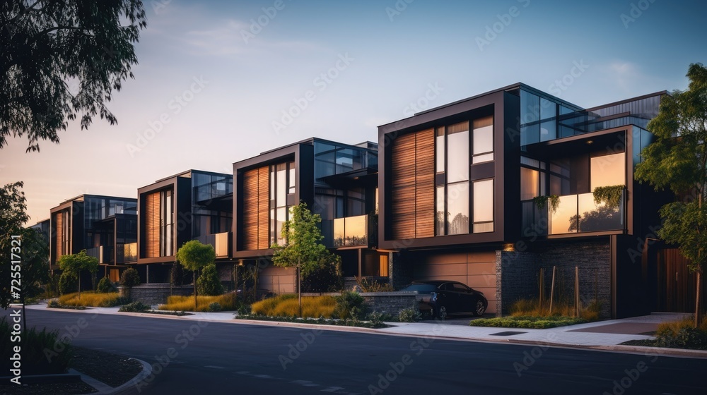 Modern modular private townhouses. Residential architecture exterior Modern modular private townhouses. Residential architecture exterior