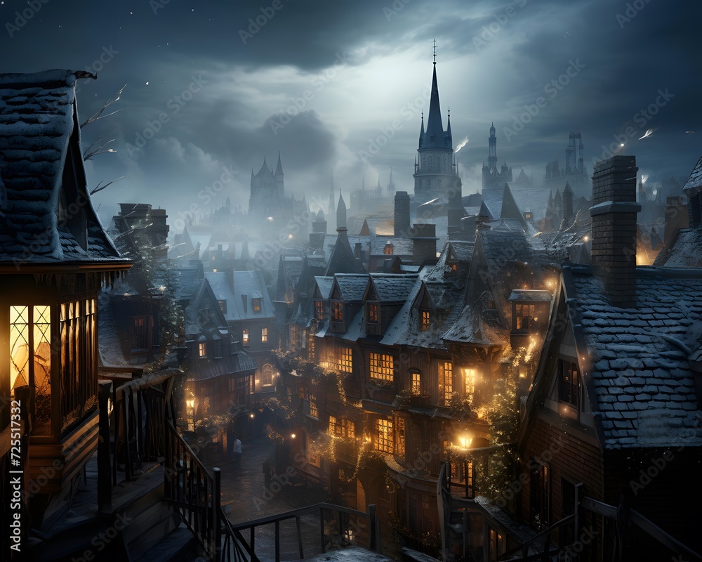Night view of the old town in the fog. 3d rendering
