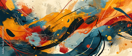 Colorful Abstract Painting: A Vibrant Splash of Blue, Red, and Yellow on a Textured Grunge Background
