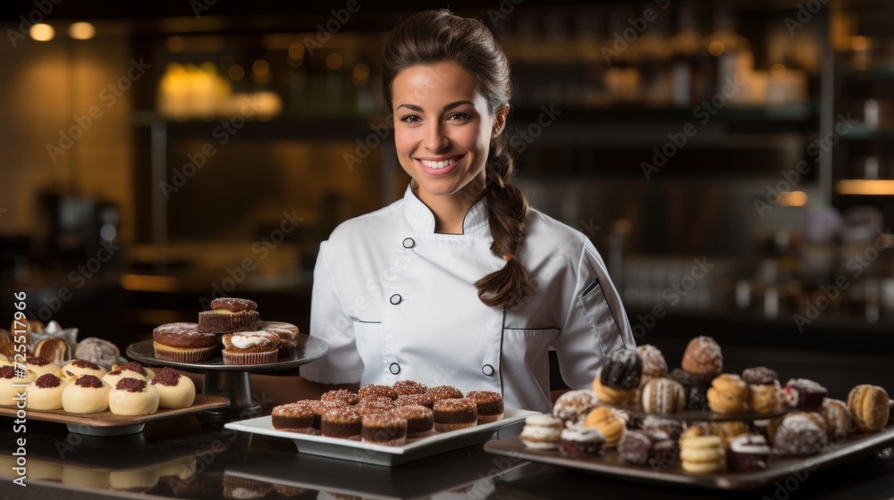 Pastry chef smiling among sweet delights passion for baking evident