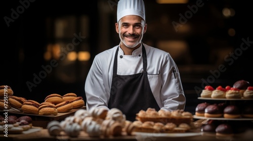 Passionate pastry chef surrounded by desserts beaming with pride