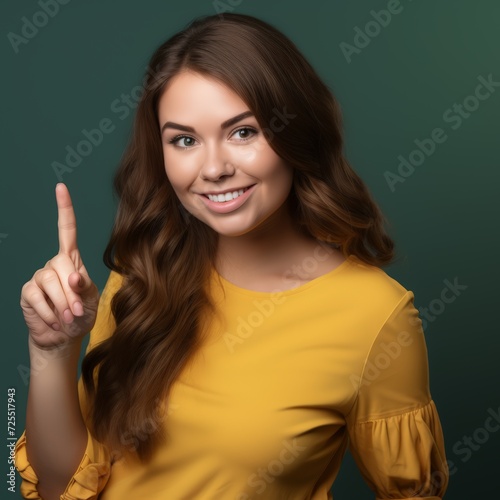 Young woman posing to raise her index finger