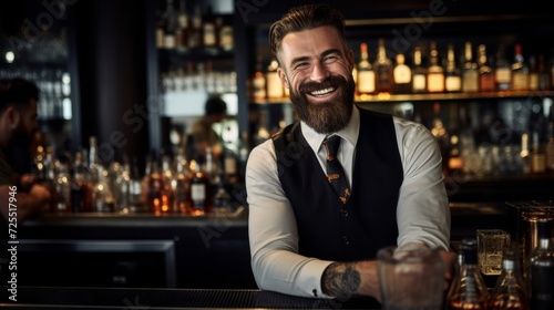 Smiling mixologist behind bar crafting unique drinks with flair