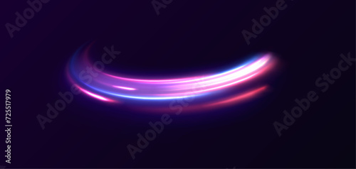 Neon stripes in the form of drill, turns and swirl. Illustration of high speed concept. Image of speed motion on the road. Abstract background in blue and purple neon glow colors.	