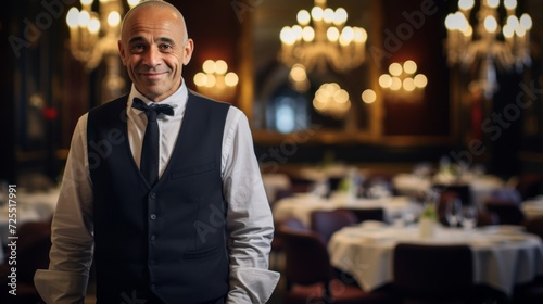 Maître d' in dining room smile reflecting dedication to service