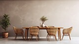 Rattan chairs and wooden dining table against beige stucco wall. Farmhouse interior design of modern dining room