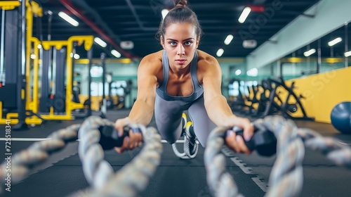 Young woman exercising with battle rope in gym with copy space for text placement photo