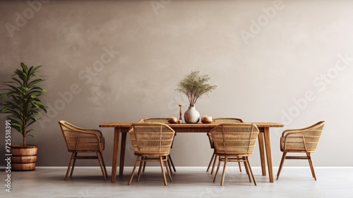 Rattan chairs and wooden dining table against beige stucco wall. Farmhouse interior design of modern dining room photo