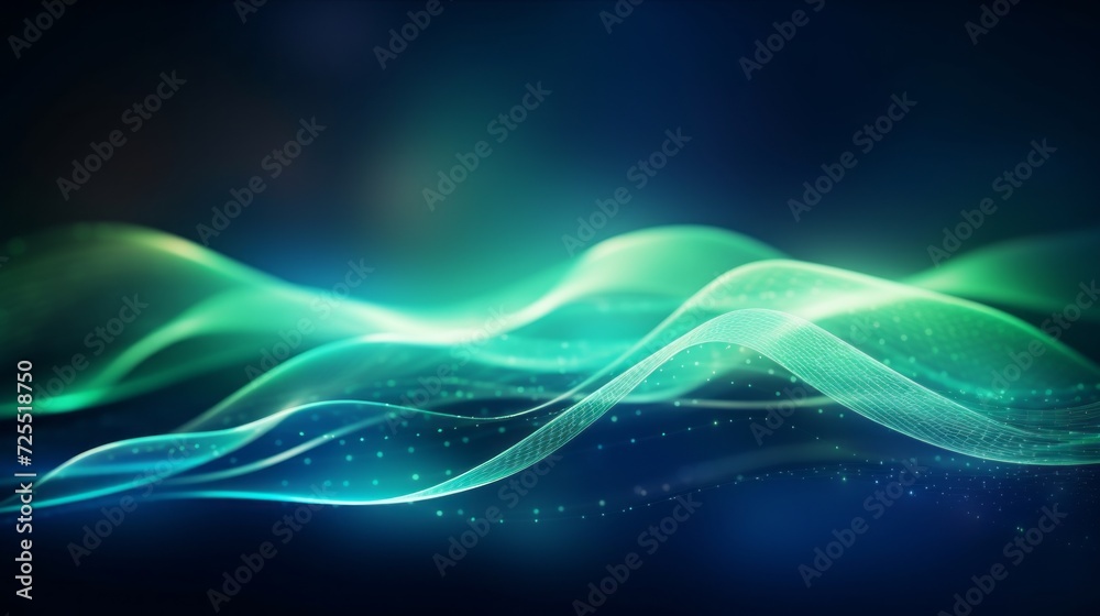 Futuristic neon wave lines and bokeh lights - abstract background with green and blue glowing elements. Concept of high-speed data transfer. Fantastic wallpaper in motion Futuristic neon wave lines and bokeh lights - abstract background with green and blue glowing elements. Concept of high-speed data transfer. Fantastic wallpaper in motion