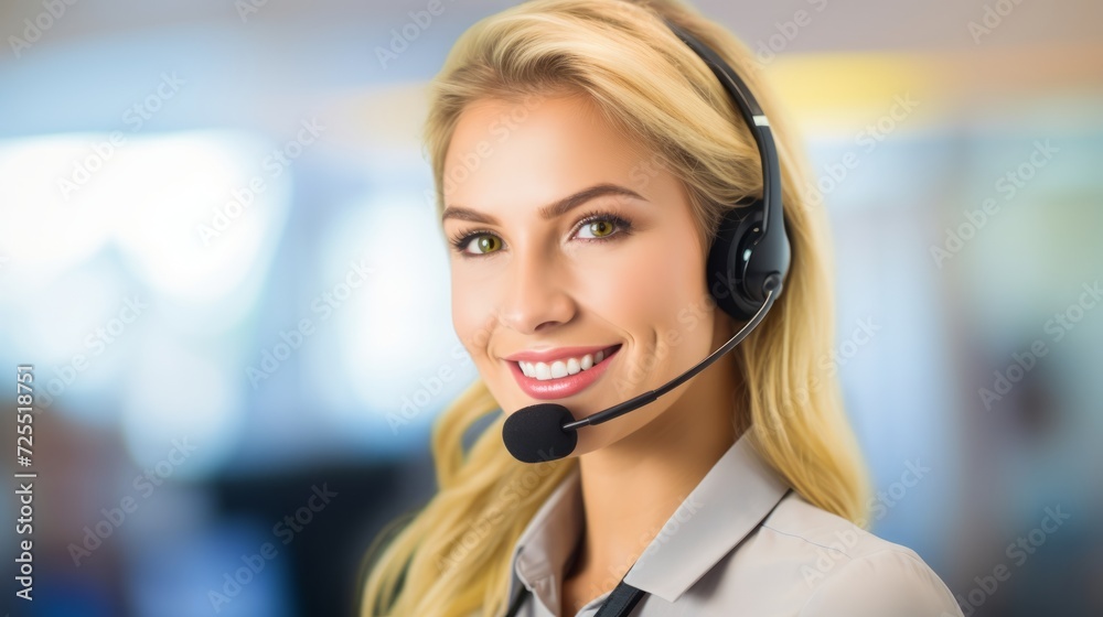 Pretty woman works in a customer center with headset, headphone and microphone Pretty woman works in a customer center with headset, headphone and microphone