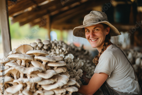 Farmer female with oyster mushrooms photo