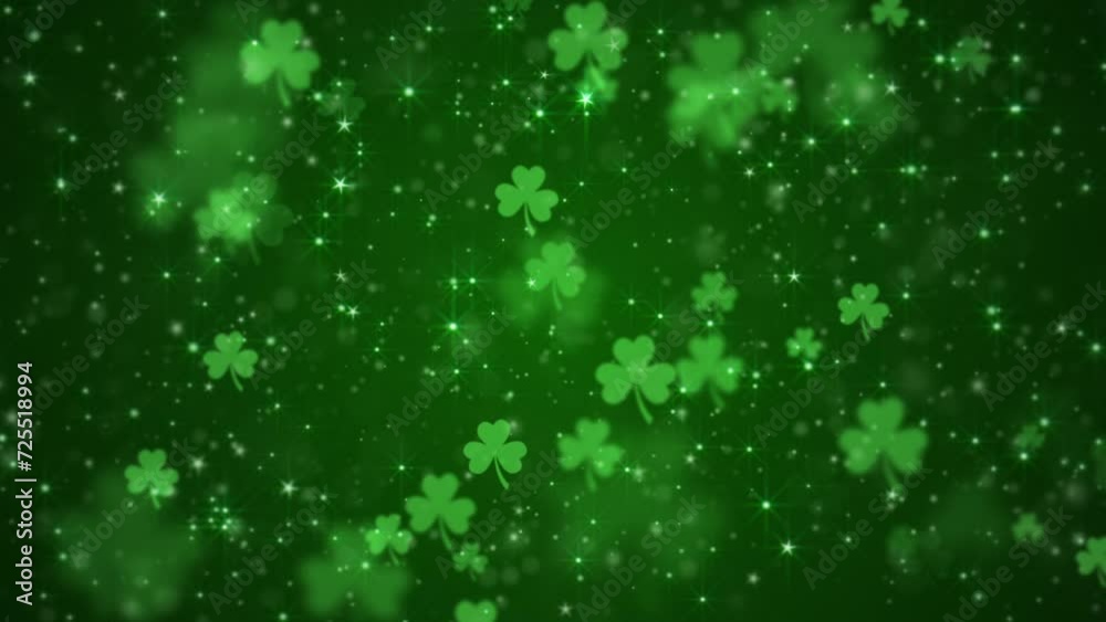 Lucky shamrocks, shiny stars and glowing glittering particles on a dark green gradient background. This Saint Patrick's Day celebration party background animation is full HD and a seamless loop.