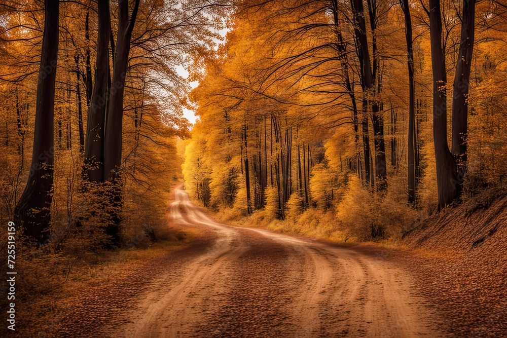 Beautiful autumn landscape with yellow trees and sun.