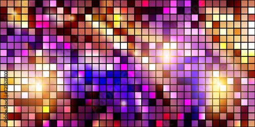 Disco ball sparkiling pattern with mirror paillette texture. Night club background with purple and gold carnaval mosaic. Luxury party bg. Vector illustration. Vintage abstract wallpaper. photo
