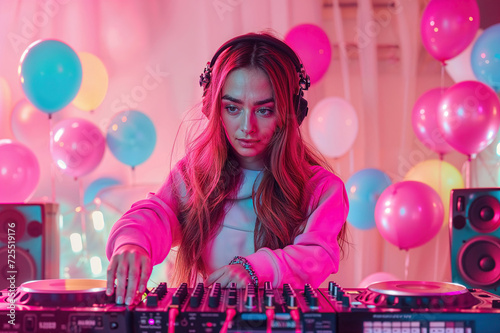 Woman in Pink Sweater Playing a DJ Set. photo