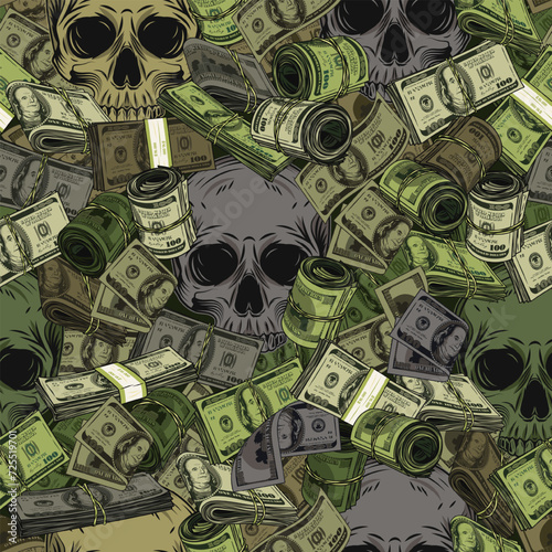 Green khaki camouflage seamless pattern with skull, dollar wads, rolls, stacks. 100 US dollar banknotes. Pile, heap of money. Detailed vintage illustration. Not AI
