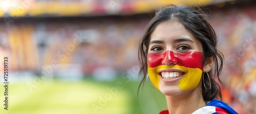 Energetic spanish female football fan with painted face cheering at stadium, copy space for text