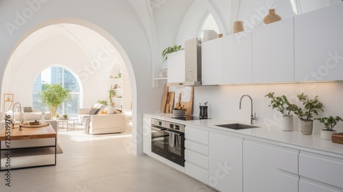 Renovated kitchen area with white furniture and arched entrance