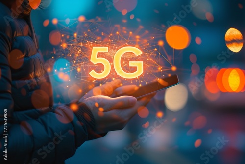 Wallpaper Mural Futuristic interactive holographic 5g text icon shining over mobile phone creating a digital display Torontodigital.ca
