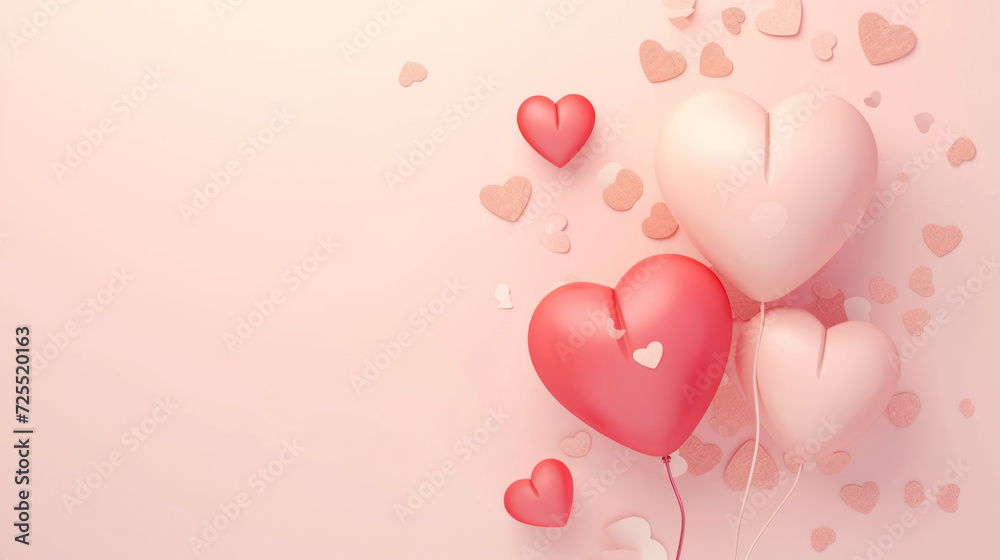 Hearts and Balloons Valentine's Banner with copy space. Pastel pink balloons and hearts on a soft background.