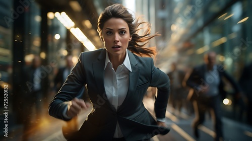 Businesswoman running in the city at night, motion blur. Business concept.