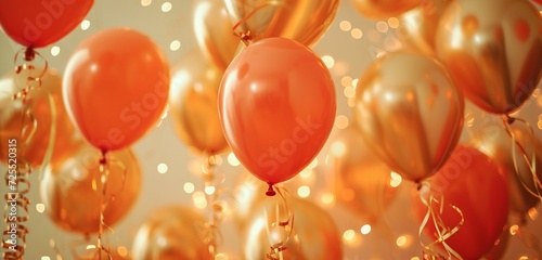 Coral and gold balloons, shimmering ribbon, cheerful birthday vibes