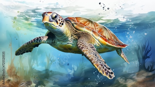 Watercolor turtle drawing on a white background. Underwater art © Vladimir