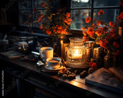 A cup of tea, books and a candle on the windowsill