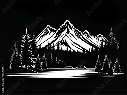Black silhouette of mountains and fir trees camping adventure wildlife landscape panorama illustration icon vector for logo, isolated on white background (generative AI)
