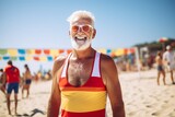 Senior man in red swimsuit and sunglasses on the beach at summer