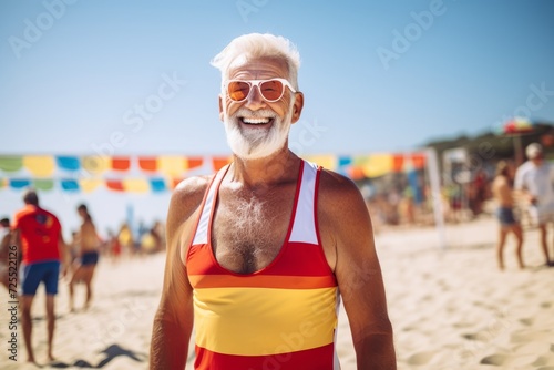 Senior man in red swimsuit and sunglasses on the beach at summer photo