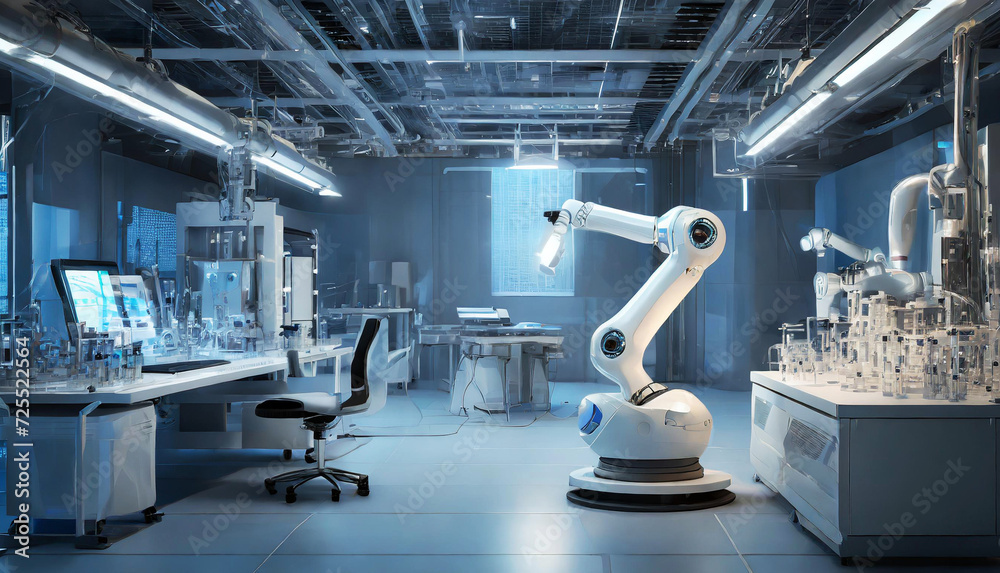 Futuristic laboratory with advanced robotics and complex scientific equipment