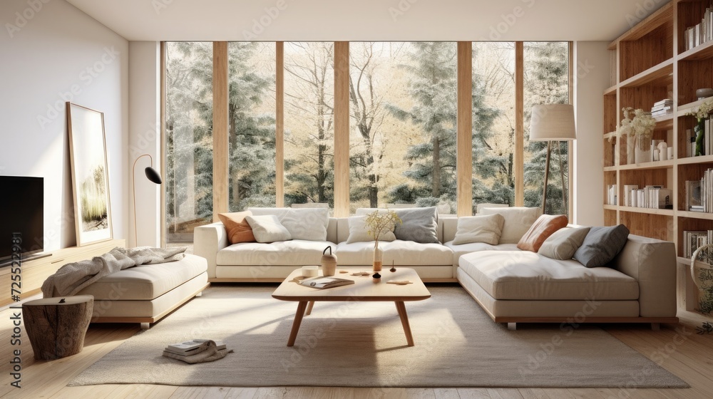 Scandinavian interior design of modern spacious living room