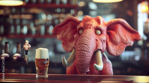 Pink elephant with dead eyes drinks beer in a bar - alcoholism, alcohol psychosis concept
