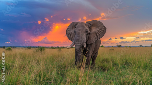 Big elephant in savannah, sunset, dramatic clouds on horizon