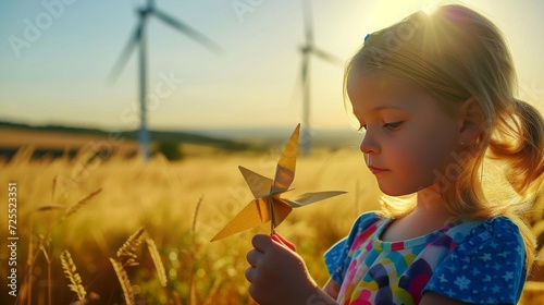 Photo of a child holding an origami wind turbine, with real wind turbines in the distance on a sunny summer day.  photo