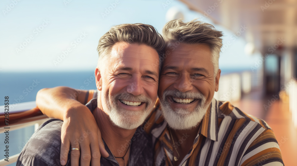 Interracial gay couple on cruise ship. Lifestyle and travel concept. generated with artificial intelligence.