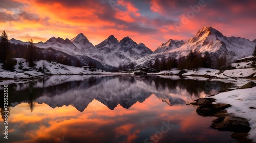 Panoramic view of snow covered mountain range and lake at sunset
