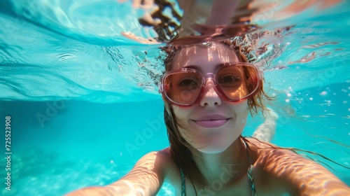 Image of an underwater selfie with a waterproof camera, capturing the joy of swimming on a summer day.