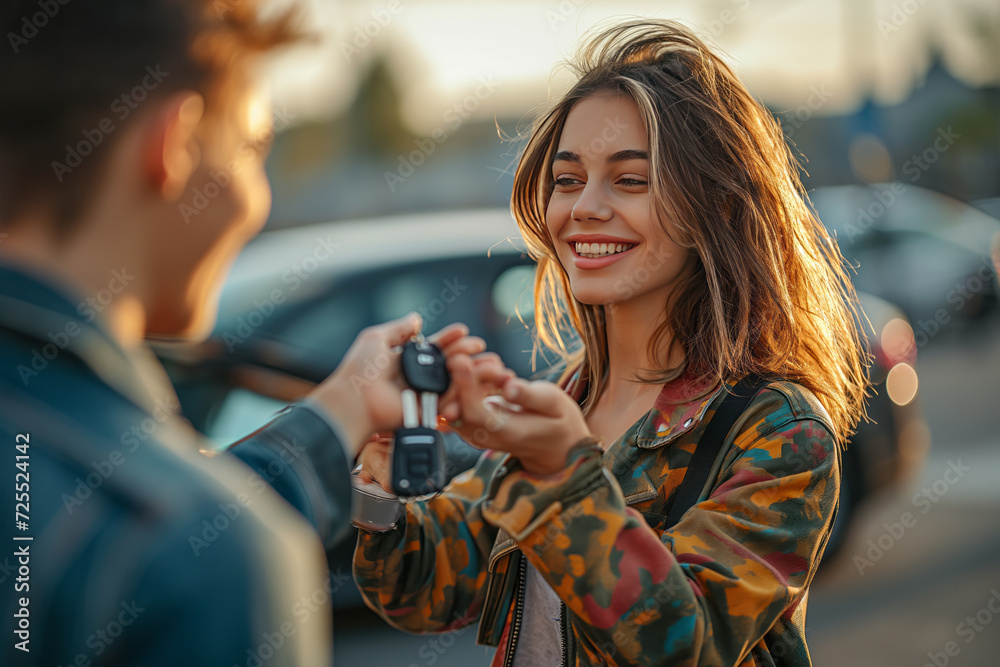 Happy young woman handing over car key to friend Happy young woman handing over car key to friend