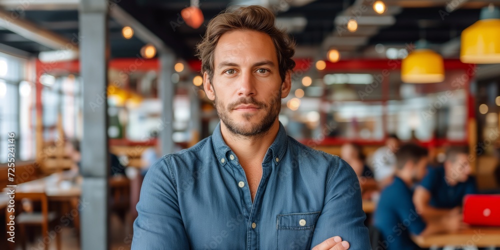 Obraz premium Confident Man Standing With Crossed Arms in a Busy Restaurant.