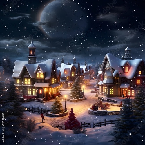 Christmas village at night with moon and stars. Digital painting illustration.