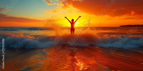 Person Standing on Beach With Arms Raised in Celebration