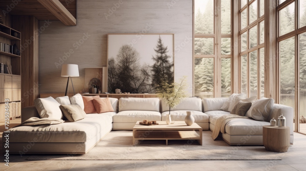 Fototapeta premium Scandinavian interior design of modern spacious living room