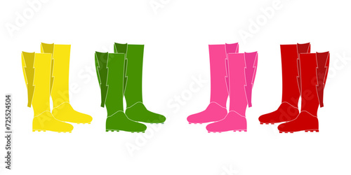 Women's high rubber or leather bright boots in green, red, yellow and pink. Demi-season colored shoes for women for wet weather. Colored vector illustration