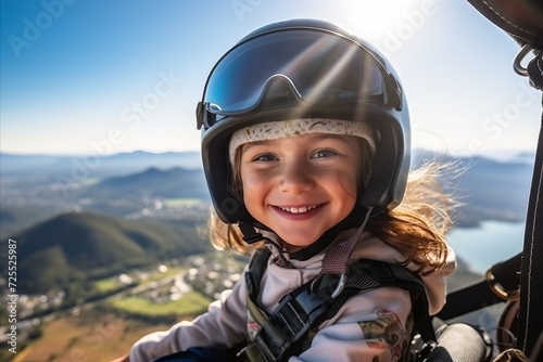 Little girl in helmet and goggles on the background of the mountains.