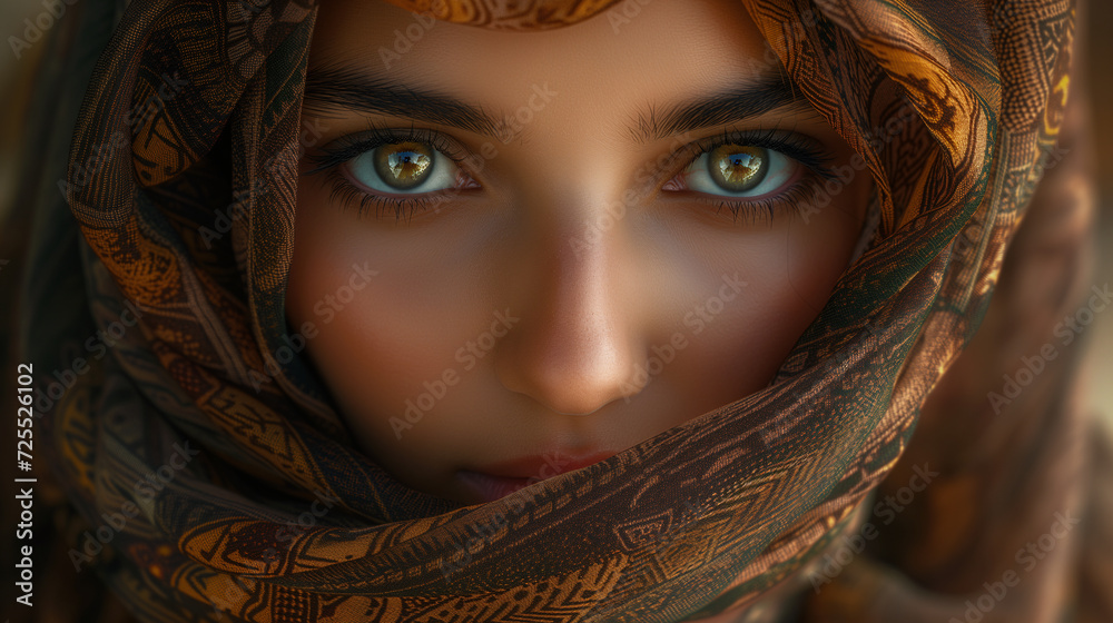 Arabic woman. Intense gaze of a young woman with striking eyes, partially veiled by an ornate hijab, evoking mystery and beauty.