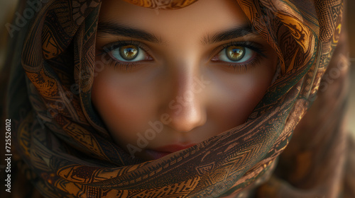 Arabic woman. Intense gaze of a young woman with striking eyes, partially veiled by an ornate hijab, evoking mystery and beauty.