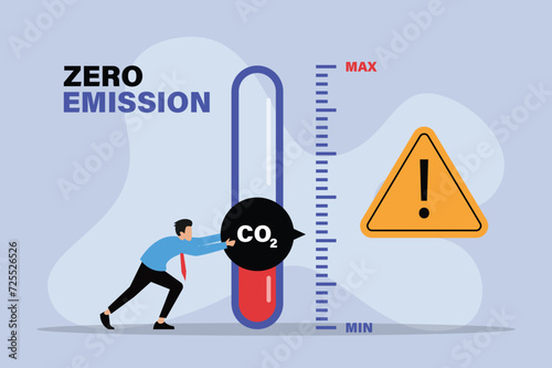 Man turning gauge arrow pointer to lowest level of CO2 2d vector illustration